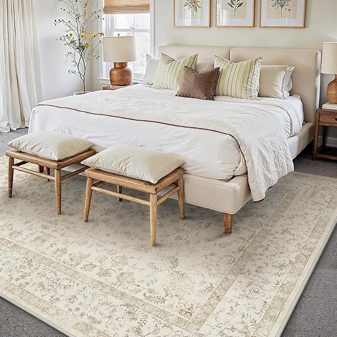 8x10 Brown Area Rug Non Slip Large Vintage Living Room Distressed Machine Washable Carpet Traditional Indoor Bedroom Brown Retro Floral Accent Throw Rug for Office Kitchen Dorm Dining Room