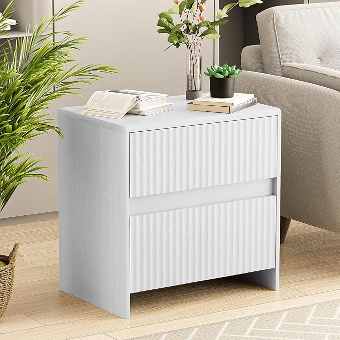 Set of 2 Fluted Nightstand, 23" Wide Bedside Table with 2 Storage Drawers, Modern Night Stand for Bedroom, White
