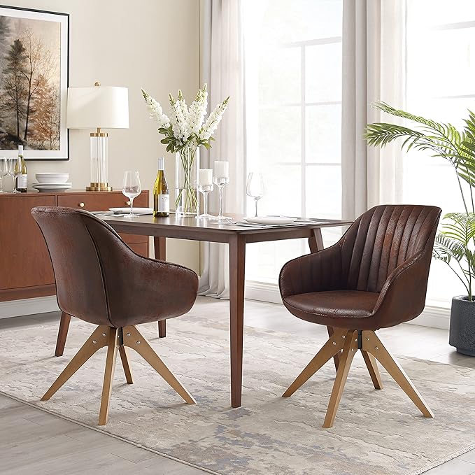Zouron Mid Century Modern Accent Chair with Wooden Legs, Upholstered Swivel Chair No Wheels, Side Accent Armchair Vanity Chair for Small Space Home Office Living Room Bedroom, Mocha