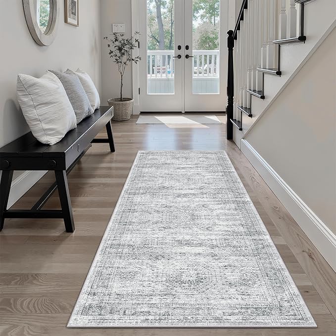 Runner Rug 2'x6' Washable Non-Slip Runner Rugs for Kitchen Bathroom Laundry Room Grey Vintage Floor Carpet Runners for Hallway Entryway
