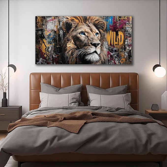 JuhaiArt Brown Wall Art Lion Artwork Graffiti Wall Decor Animal Canvas Art for Living Room Bedroom Home Office Prints Colorful Large Picture 29" x 59"