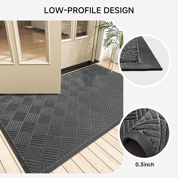 Front Door Mat, Heavy Duty Indoor Outdoor Doormat, 60" x 36" Low Profile Outdoor Mats for Home Entrance, Stain and Fade Resistant Welcome Mat Ideal for High Traffic Area, Diamond Grey