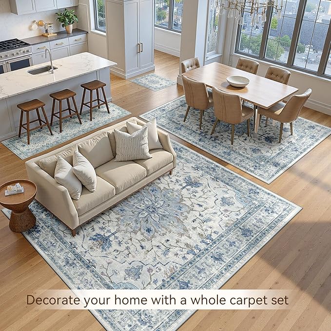 Area Rugs 10'x12' Washable Non-Slip, Floral Vintage Distress Print Pattern Medallion Carpet for Living Room Bedroom Dining Room, Light Blue Navy Beige Gray White