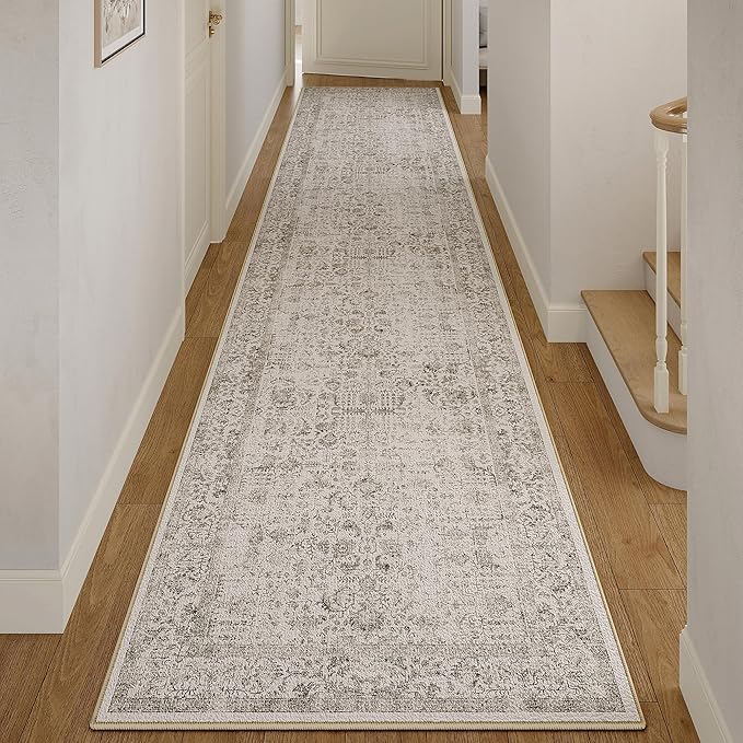 Gray Runner Rug 3x12 Hallway Machine Washable Kitchen Vintage Distressed Non Slip Long Carpet Indoor Grey Retro Floral Bedroom Accent Throw Rug for Bathroom Office Laundry Dining Living Room