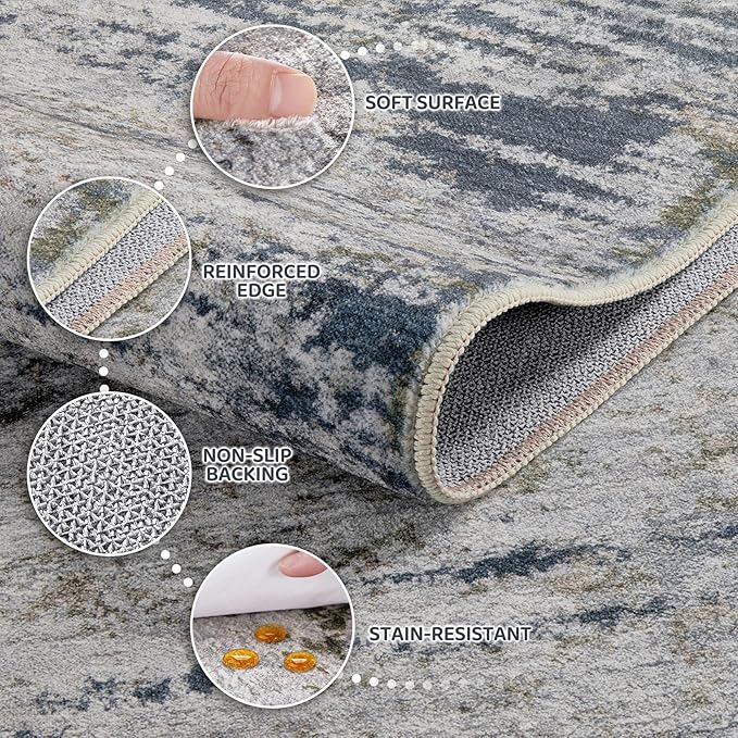 Area Rug Living Room Rugs - 10x14 Washable Large Soft Indoor Neutral Modern Abstract Low Pile Rug Carpet for Bedroom Dining Room Farmhouse Home Office - Blue/Grey/Brown
