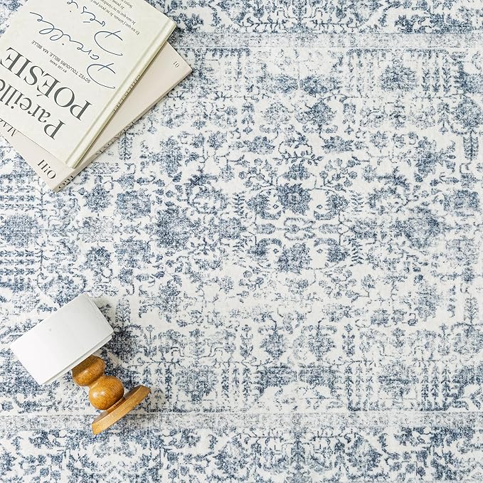 Navy Blue Area Rug 5x7 Machine Washable Vintage Living Room Distressed Non Slip Carpet Traditional Indoor Bedroom Retro Floral Accent Throw Large Rug for Office Kitchen Bathroom Dining Room