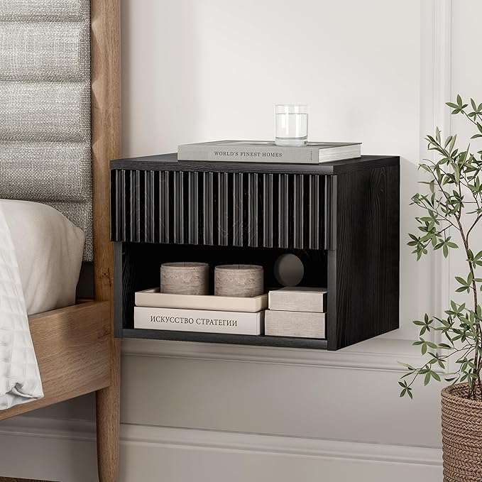 Fluted Floating Nightstand Set of 2 with Drawer, Modern Night Stand with Fluted Door and Open Storage Shelf Wall Mounted Bedside Table for Bedroom, Entryway Black