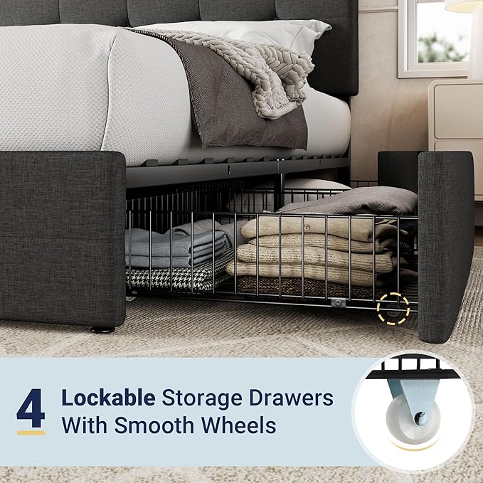 Allewie Upholstered Queen Size Platform Bed Frame with 4 Storage Drawers and Headboard, Square Stitched Button Tufted, Mattress Foundation with Wooden Slats Support, No Box Spring Needed, Dark Grey