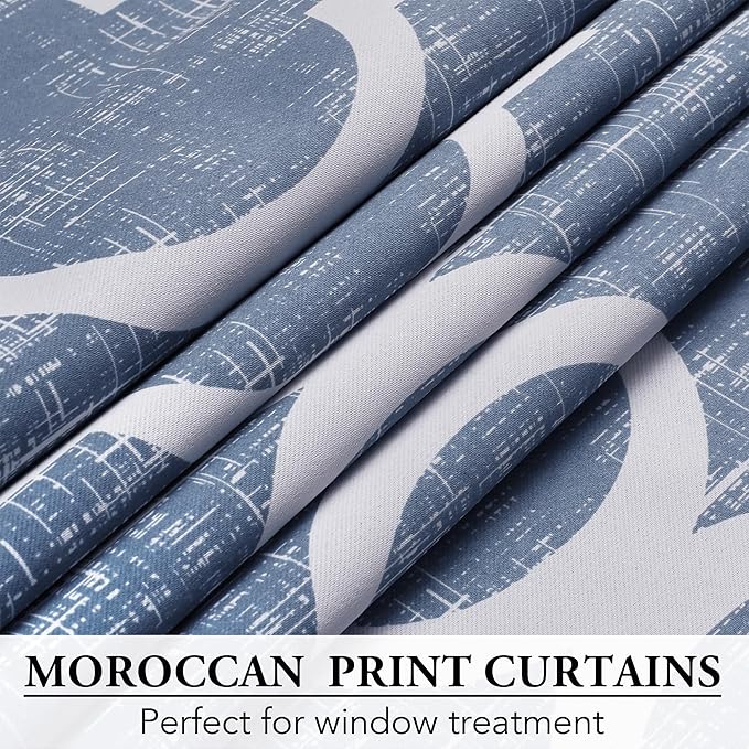 Beauoop 100% Blackout Curtains 54 Inches Long 2 Panels for Bedroom Living Room Blue Moroccan Geo Room Darkening Thermal Insulated Soundproof Grommet Top Window Treatments Drapes, 50x54 Set of 2