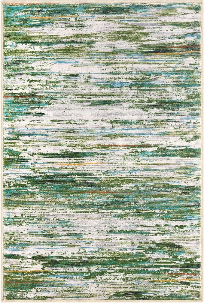 3x5 Modern Abstract Area Rug for Entryway, Green Grey Multi Super Soft Washable Rug with Non-Slip, Low-Pile Door Mat Indoor for Living Room Bedroom, Carpet with Non-Shedding