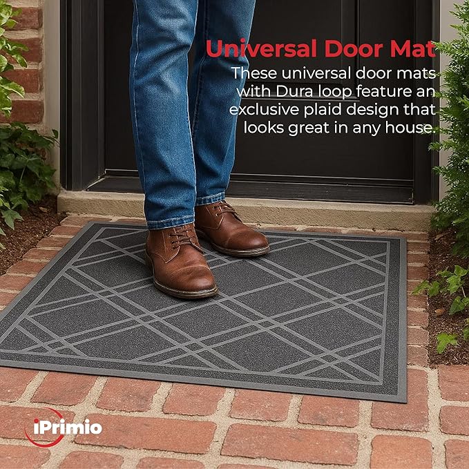 SlipToGrip Universal Door Mat, Plaid Design - Grey, 42 x 5 - No Slip, Durable and Washable, Outdoor and Indoor Floor Welcome Mat Entry - Front Door, Dust Absorbent, 2pk