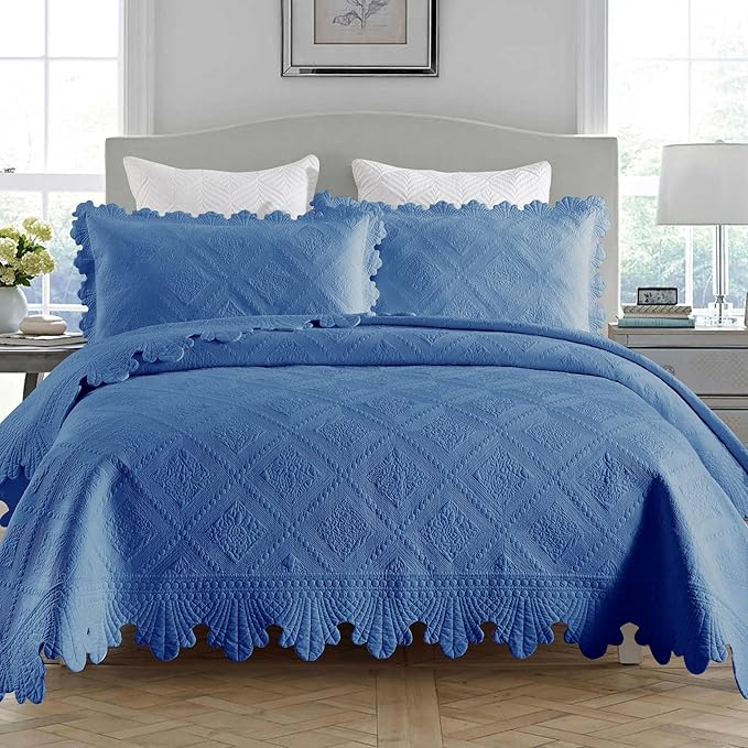 MarCielo 3-Piece 100% Cotton Oversized Bedspread Lightweight Quilt Coverlet Embroidery Farmhouse Bedding Set (Tk Midtone Blue, Oversized King (118"x106"))