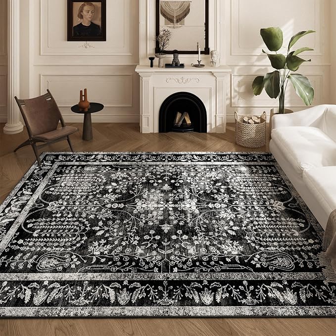 Area Rugs 5x7, Machine Washable Vintage Black Rugs for Living Room Large Carpets Indoor Floor Non Slip Distressed Rug Soft Area Rug for Bedroom Dining Room Home Office | Black
