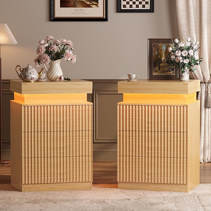 Wood Nightstand with 3 Drawers and LED Light, Mid Century Modern Fluted Night Stand with Charging Station, Bedside Table & End Table for Bedroom