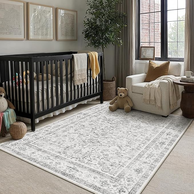 Grey 3x5 Entryway Rug Vintage Area Carpet Indoor Kitchen Washable Door Mat Entrance Small Low Pile Traditional Distressed Retro Accent Throw Rug Non Slip Office Bathroom
