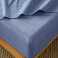 MooMee Fitted Bottom Sheet Only 100% Washed Cotton Linen Like Textured Breathable Durable Soft Comfy Deep Pocket Fits Mattress up to 17" (Blue, King)