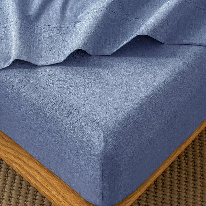 MooMee Fitted Bottom Sheet Only 100% Washed Cotton Linen Like Textured Breathable Durable Soft Comfy Deep Pocket Fits Mattress up to 17" (Blue, Twin)