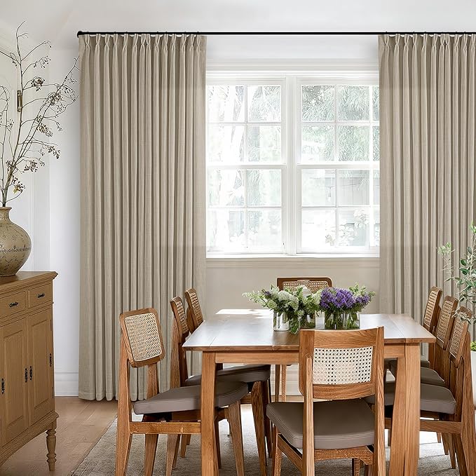 Extra Long Pinch Pleated Linen 108 Inch Curtains 2 Panels Set for Living Room Bedroom Farmhouse Tan Brown Cotton Flax Back Tab Memory Shape Pinch Pleat Ceiling Floor Window Curtains 9 FT Grey Beige