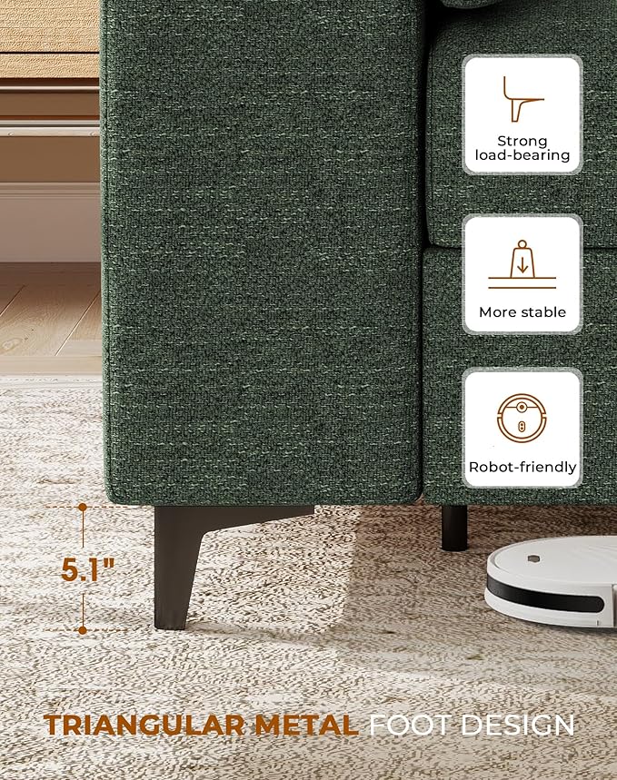 71.25" L Shaped Sectional Couches for Living Room, Deep Seat Sofa with Big Storage Ottoman & 8”Cushion, Comfy 2-Seater Chenille Loveseat, Convertible Armrest, Removable Cover for Small Space(Green)