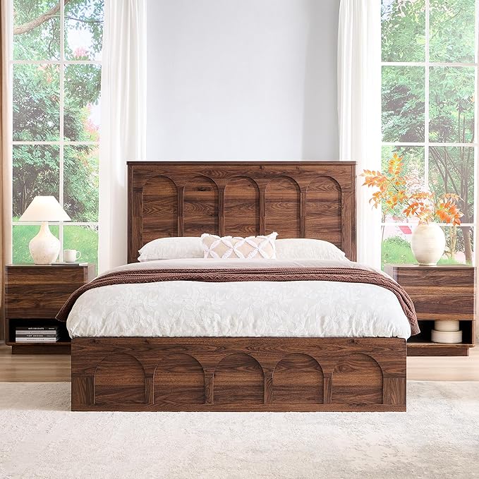 ACCOHOHO Queen Size Bed Frame Modern with 52" Tall Arched Recessed Headboard and 4 Drawers, Solid Wood Slats Support, Wood Platform, Noise Free, No Box Spring Needed, Brown