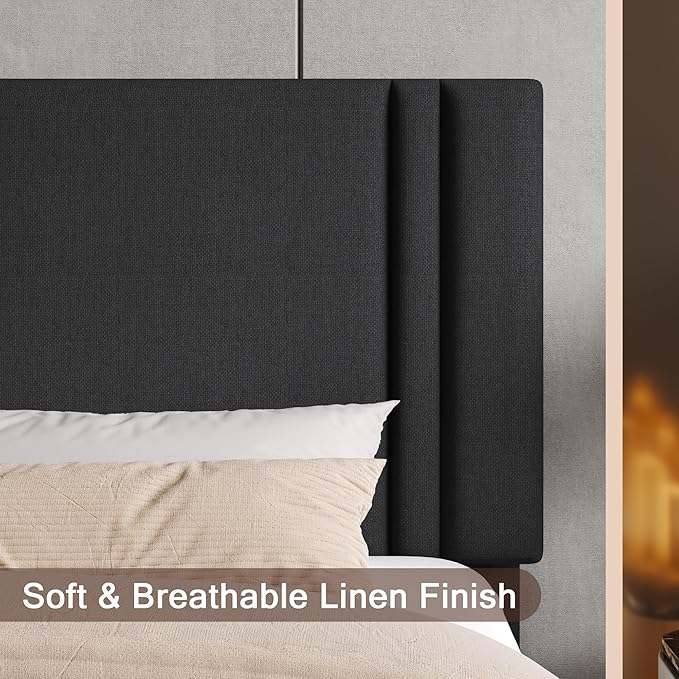 Upholstered King Size Bed Frame with Linen Fabric Headboard, Strong Wooden Slats Support, Noise Free, No Box Spring Needed, Black