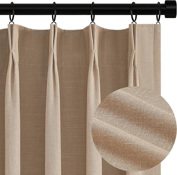 Topfinel 105 Inches Long Custom Black Out Faux Thick Linen Drapery Panels, Pinch Pleated Heat Reflective Neurtral Curtains with Pin Hooks, Luxury Lined Back Tab Drapes Set of 2