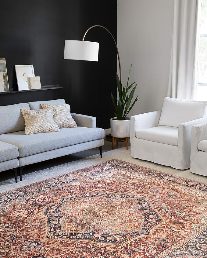 Loloi Layla Collection LAY-08 Red/Navy 9'-0" x 12'-0" .13" Thick Area Rug, Soft, Durable, Vintage Inspired, Distressed, Low Pile, Non-Shedding, Easy Clean, Printed, Living Room Rug