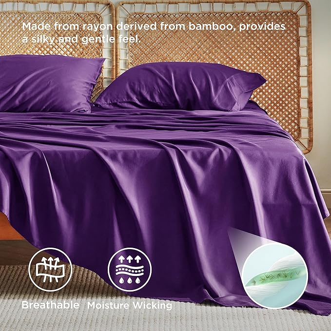 Bedsure Full Size Bed Sheets, Cooling Sheets, Rayon Derived from Bamboo, Breathable & Soft, Deep Pocket Up to 16 Inches, Hotel Luxury Silky Bedding for Hot Sleepers, Plum