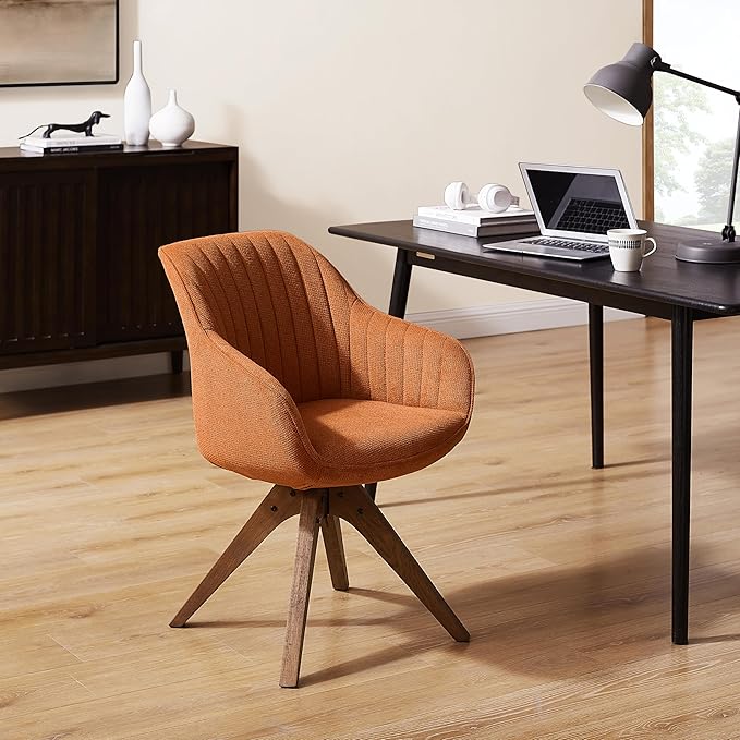 Zouron Mid Century Modern Accent Chair with Oak Wood Legs, Upholstered Swivel Chair No Wheels, Side Accent Armchair Vanity Chair for Small Space Home Office Living Room Bedroom, Caramel