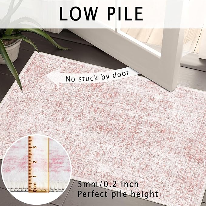 8x10 Area Rugs for Living Room, Non-Slip Backing Washable Rug 8x10, Pink Large Area Rug Soft Carpet for Bedroom Dining Room, Vintage Floral, Easy Clean, Durable, Low Pile Rug Under Table