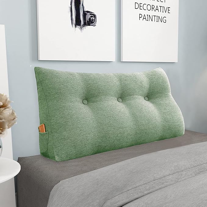 homecozy Wedge Headboard Pillow Dorm Room Reading Pillow Back Support for Sitting Up in Bed Bolster Lumbar Cushion Body Positioning Bedrest Cotton Linen 39in Grass Green Twin