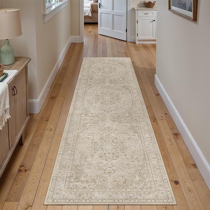Brown 2x8 Runner Rug Washable Vintage Long Carpet for Hallway Kitchen Soft Retro Floral Low Pile Indoor Runner Non Slip Central Medallion Throw Rug for Bathroom Bedroom Laundry Dining Room
