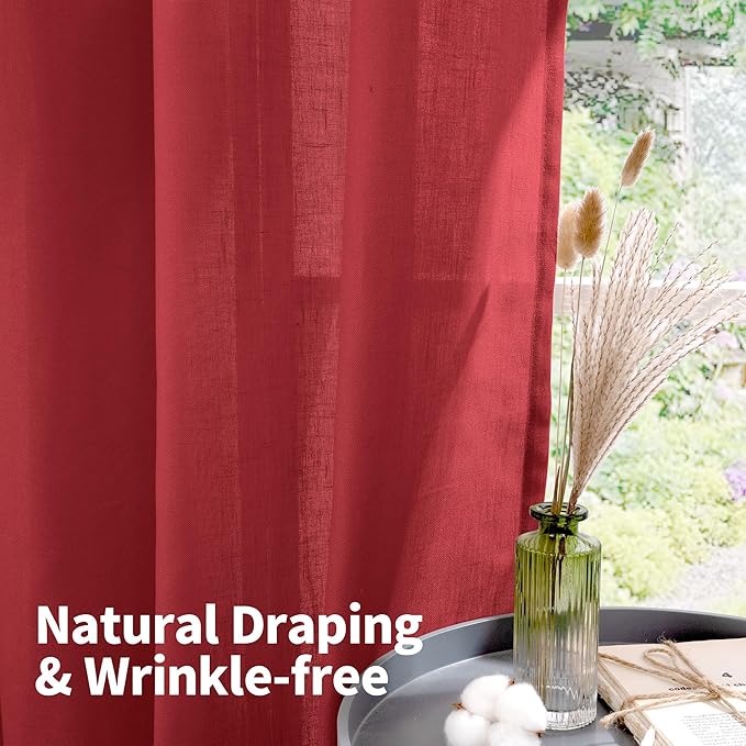 YoungsTex Red Linen Semi Sheer Curtains 72 Inch Length for Living Room, Light Filtering Window Drapes with Grommet Privacy Christmas Decor for Dining Bedroom, 2 Panels, 52 X 72 Inch