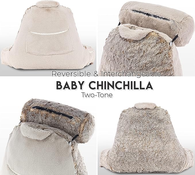 Husband Pillow XXL Ultra Rare Baby Chinchilla Backrest, Two-Tone Reversible Double Sided Fabulous Faux Fur Reading & Bed Rest Pillow with Arms & Neck Roll, Adjustable Memory Foam - Extremely Comfy