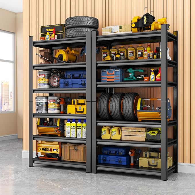 Storage Shelves, Garage Metal Shelving Unit, Adjustable, Double-Layer Column with Reinforced Ribs, Heavy-Duty, Capable of Bearing 3600 lbs, Suitable for Garage, Warehouse, Kitchen Storage