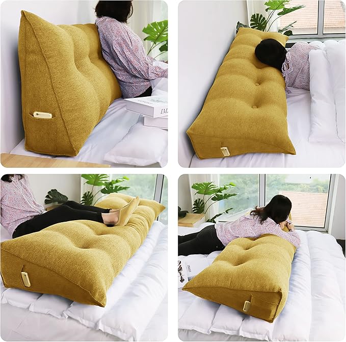 homecozy Wedge Headboard Pillow Dorm Room Reading Pillow Back Support for Sitting Up in Bed Bolster Lumbar Cushion Body Positioning Bedrest Cotton Linen 54in Yellow Full