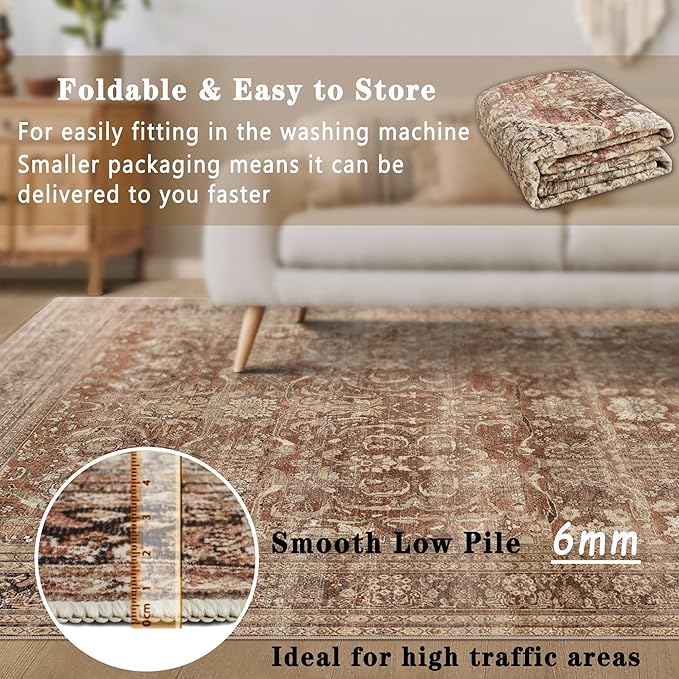 vivorug 3x5 Rug, Small Area Rug for Living Room, Bedroom, Kitchen, Machine Washable Non-Slip Throw Rug, Vintage Carpet for Entryway Nursery Coffee Table - Durable (Brown)