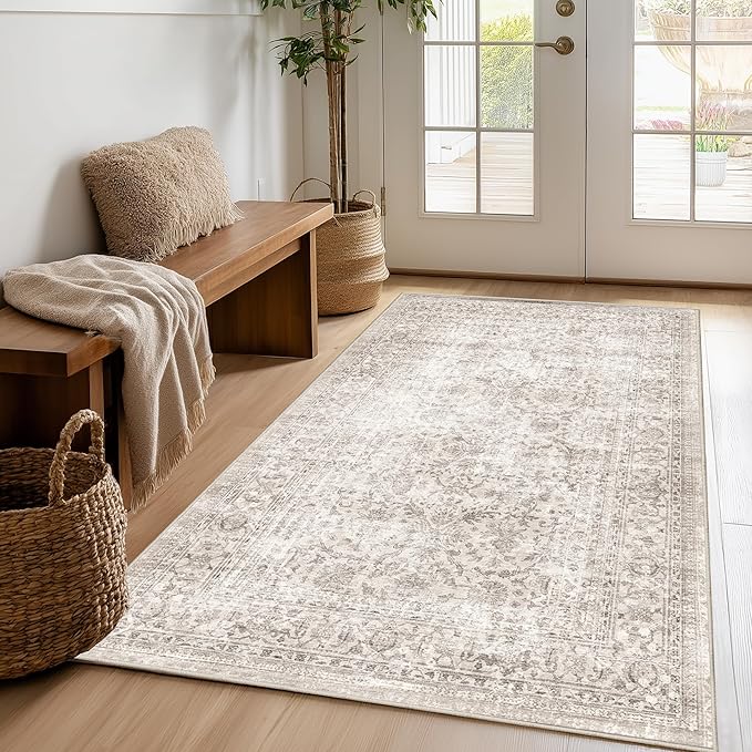 FMFUNCTEX 3x5 Washable Area Rug Beige Vintage Neutral Non Slip Low Pile Traditional Retro Indoor Carpet for Entryway Entrance Soft Floral Throw Rug Living Room Bedroom Kitchen Dining Office Laundry