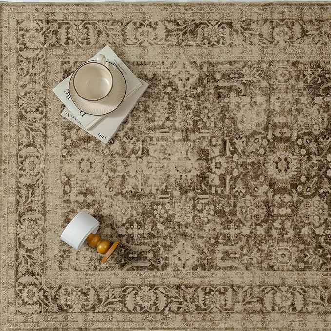 Brown 2x3 Entryway Area Rug Machine Washable Doormat Kitchen Vintage Distressed Non Slip Carpet Indoor Traditional Floral Accent Throw Small Rug for Bathroom Office Bedroom Living Dining Room