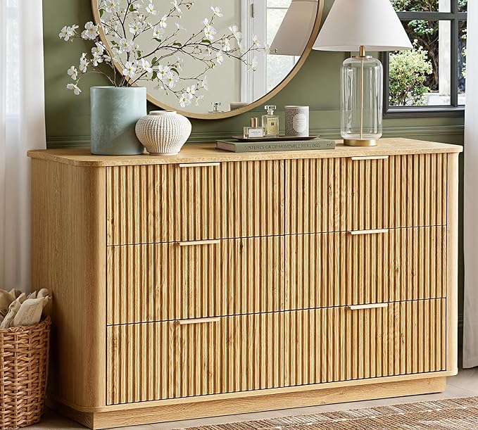 win2win 6 Drawer Dresser, Modern Dresser with Storage, 47" Wide Fluted Chest of Drawers with Faux Marble Top, Dressers TV Stand, Minimalist Drawers Organizer for Bedroom, Living Room, Hallway, Oak