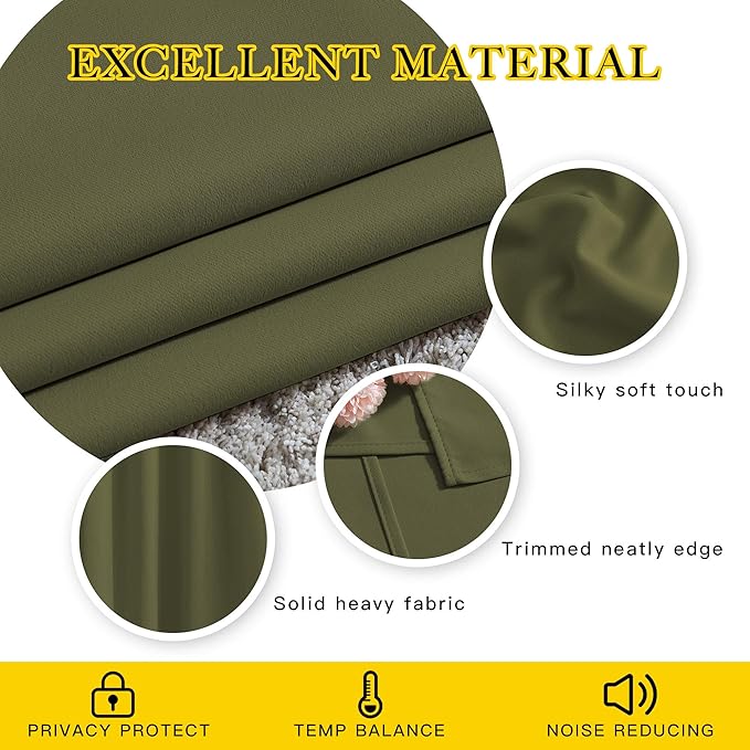 NICETOWN Bedroom Room Darkening Curtains 95 inch Length - Triple Weave Energy Saving Thermal Insulated Solid Grommet Room Darkening Draperies for Patio/Hall (1 Pair, 80 inches Wide, Olive)