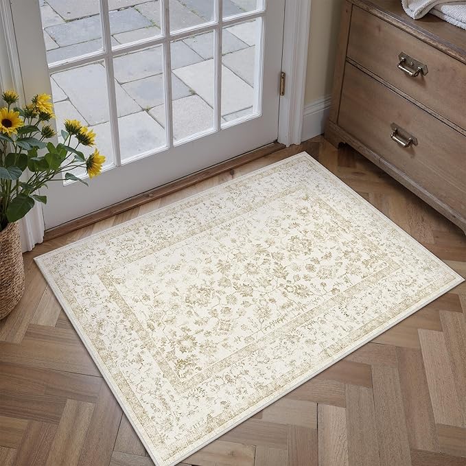 2x3 Brown Entryway Area Rug Machine Washable Door Mat Kitchen Vintage Distressed Non Slip Carpet Indoor Retro Floral Accent Throw Small Rug for Bathroom Office Bedroom Living Dining Room