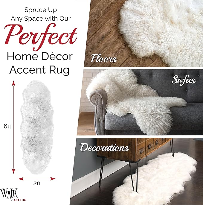 Walk on Me White Double Pelt Faux Fur Sheepskin Rug: Ultra Soft, Super Thick, Fluffy 2x6 Feet, Living Room, Bedroom, Office, Synthetic, Latex, Non-Slip