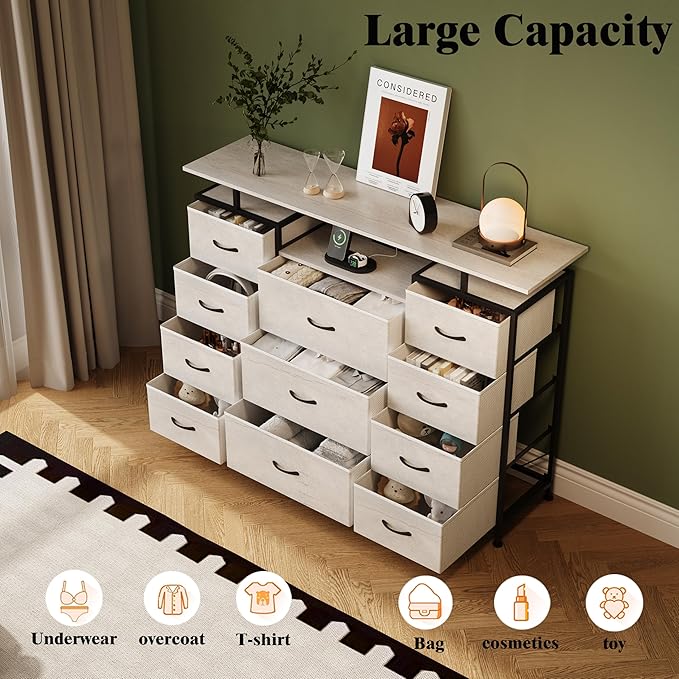 LUMTOK 11 Drawers Dresser with Fabric Drawers,Charging Station, LED Lights and Shelves for Bedroom Storage Organization (Greige)