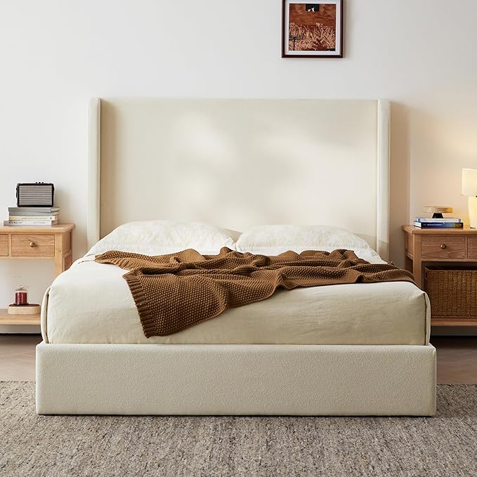 King Size Upholstered Bed Frame, 52.3" High Headboard Carmen Wingback Bed Frames, Tall Headboard Floor Platform Beds, No Box Spring Needed No Noise, Simplicity Minimalist, Beige Boucle