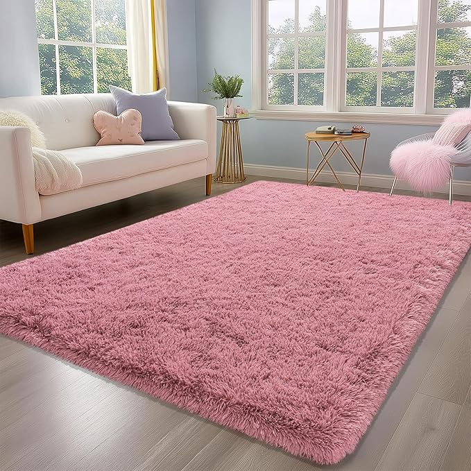 Fluffy Blush Pink Area Rug for Bedroom, 5x7 Soft Fuzzy Shag Rug for Living Room, Thick Comfy Throw Plush Rug for Girls Kids Room, Non-Slip Modern Indoor Shaggy Floor Carpet for Nursery Dorm Home Decor