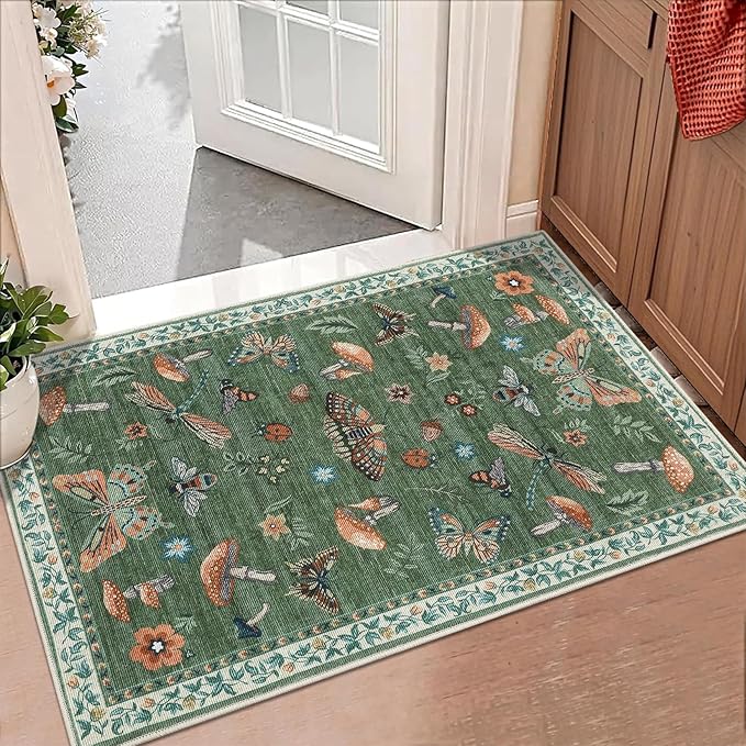 Mushroom Small Rug 2x3 Washable Door Mat Indoor Rugs for Entryway Non-Slip Soft Ultra-Thin Stain Resistant Foldable Rugs Kitchen Bedroom Living Room Green