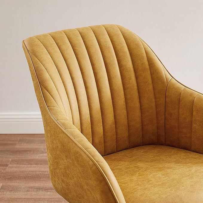 Zouron Mid Century Modern Accent Chair with Black Oak Wood Legs, Upholstered Swivel Chair No Wheels, Side Accent Armchair Vanity Chair for Small Space Home Office Living Room Bedroom, Yellow Brown