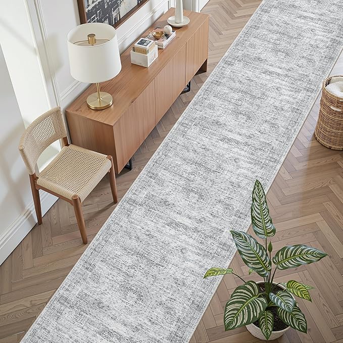 Runner Rug 2'6" x 10' Washable Non-Slip Runner Rugs for Kitchen Bathroom Laundry Room Vintage Ultra Thin Runners for Hallway Entryway Grey
