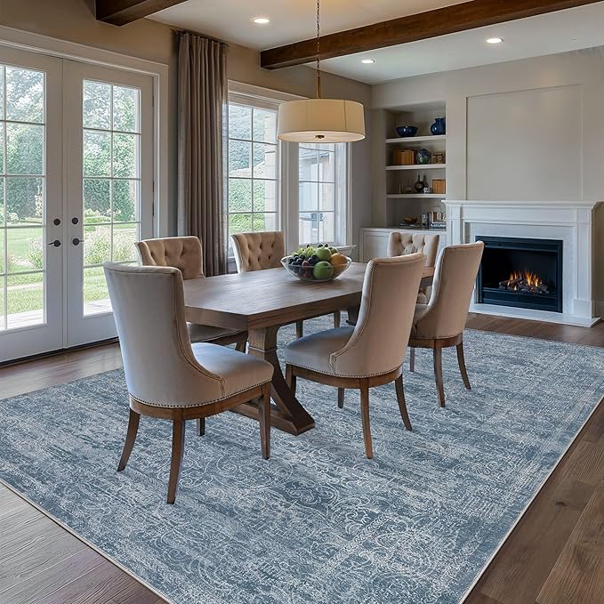 Area Rug Living Room Rugs - 8x10 Washable Large Soft Indoor Neutral Modern Abstract Low Pile Rug Carpet for Bedroom Dining Room Farmhouse Home Office - Dark Blue